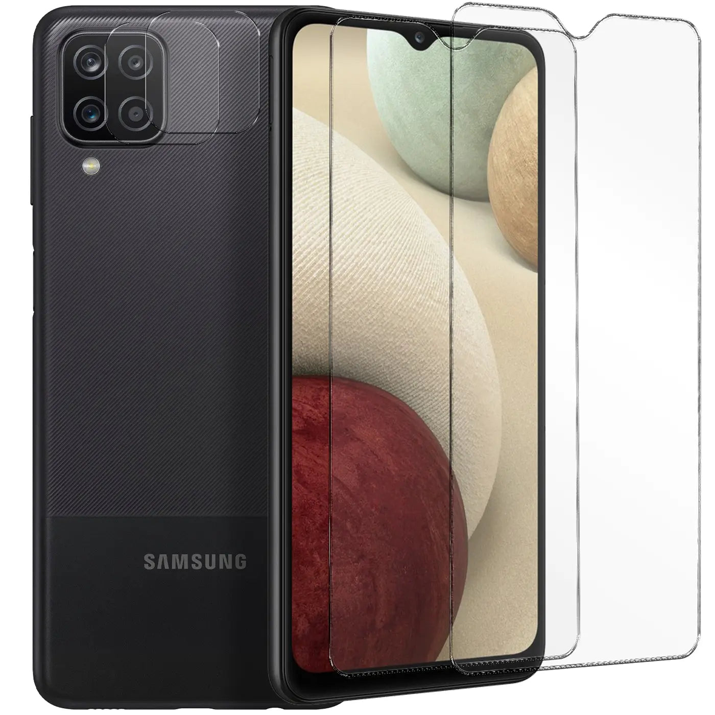 Schwarzes Samsung Galaxy A12/M12 von hinten links, mit 2 transparenten Schutzgläsern und 1 Kameraschutzglas.