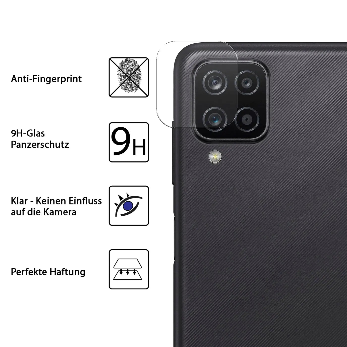 Rückseite eines schwarzen Samsung Galaxy A12/M12 mit transparentem Schutzglas auf der Kamera, seitliche Ansicht.