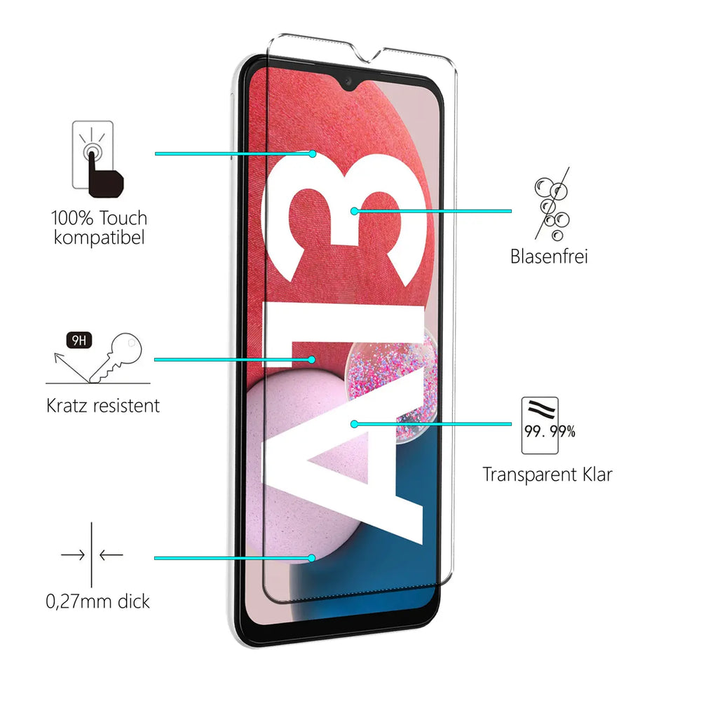 Transparentes Schutzglas für Samsung Galaxy A13 4G, leicht schräg von vorne auf weißem Hintergrund.
