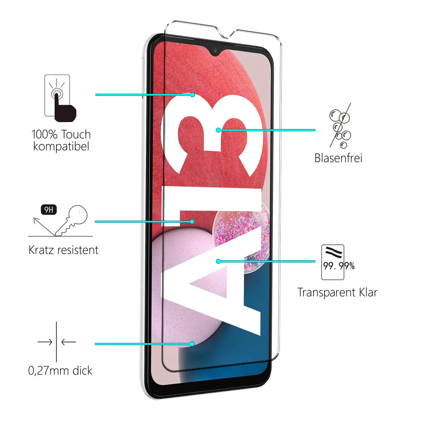 Transparentes Schutzglas für Samsung Galaxy A13 4G, leicht schräg von vorne auf weißem Hintergrund.