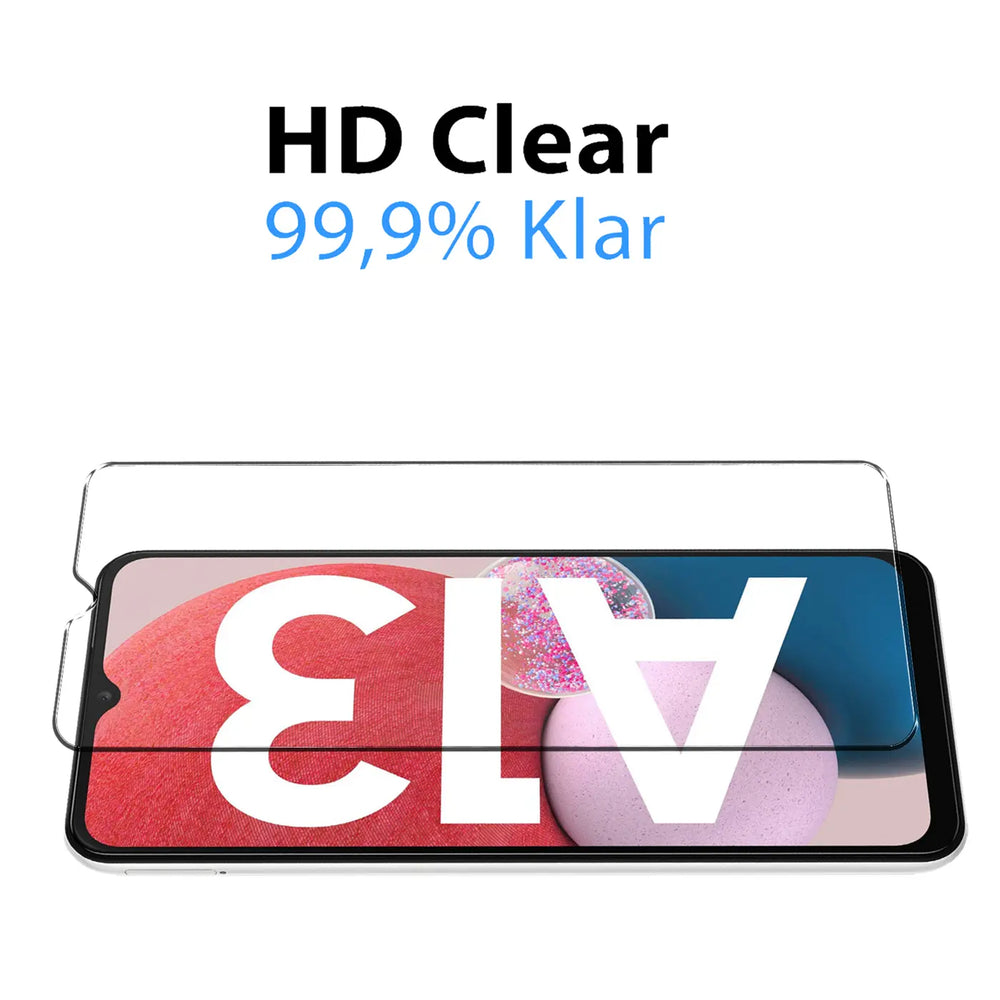 Klares Schutzglas für Samsung Galaxy A13 4G, schräg von oben auf dem Display liegend, weißer Hintergrund.