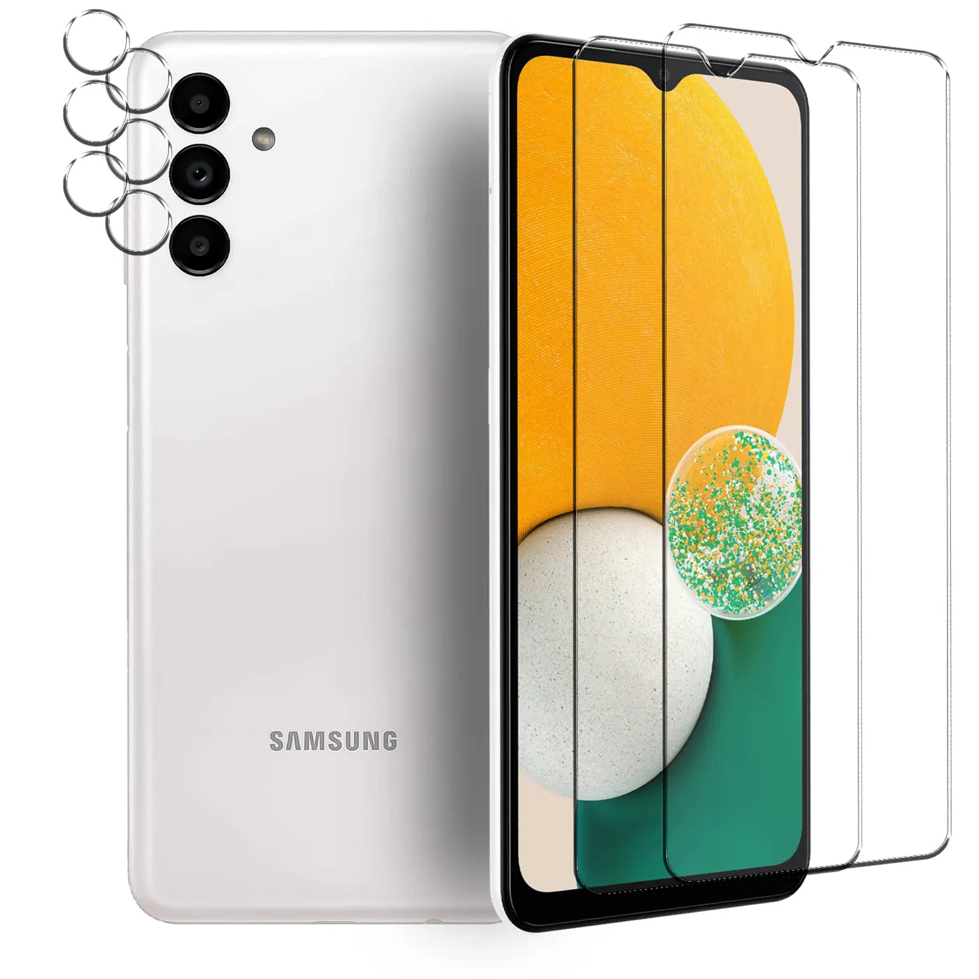 Weißes Samsung Galaxy A13 5G/A04s von hinten, davor 3 Schutzgläser für das Display und 3 für die Kamera.