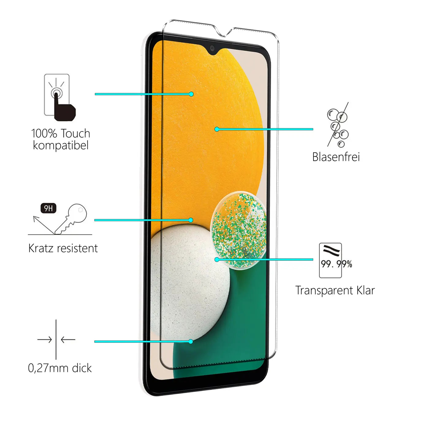 Transparentes Schutzglas für Samsung Galaxy A13 5G / A04s, schräg von vorne auf weißem Hintergrund.