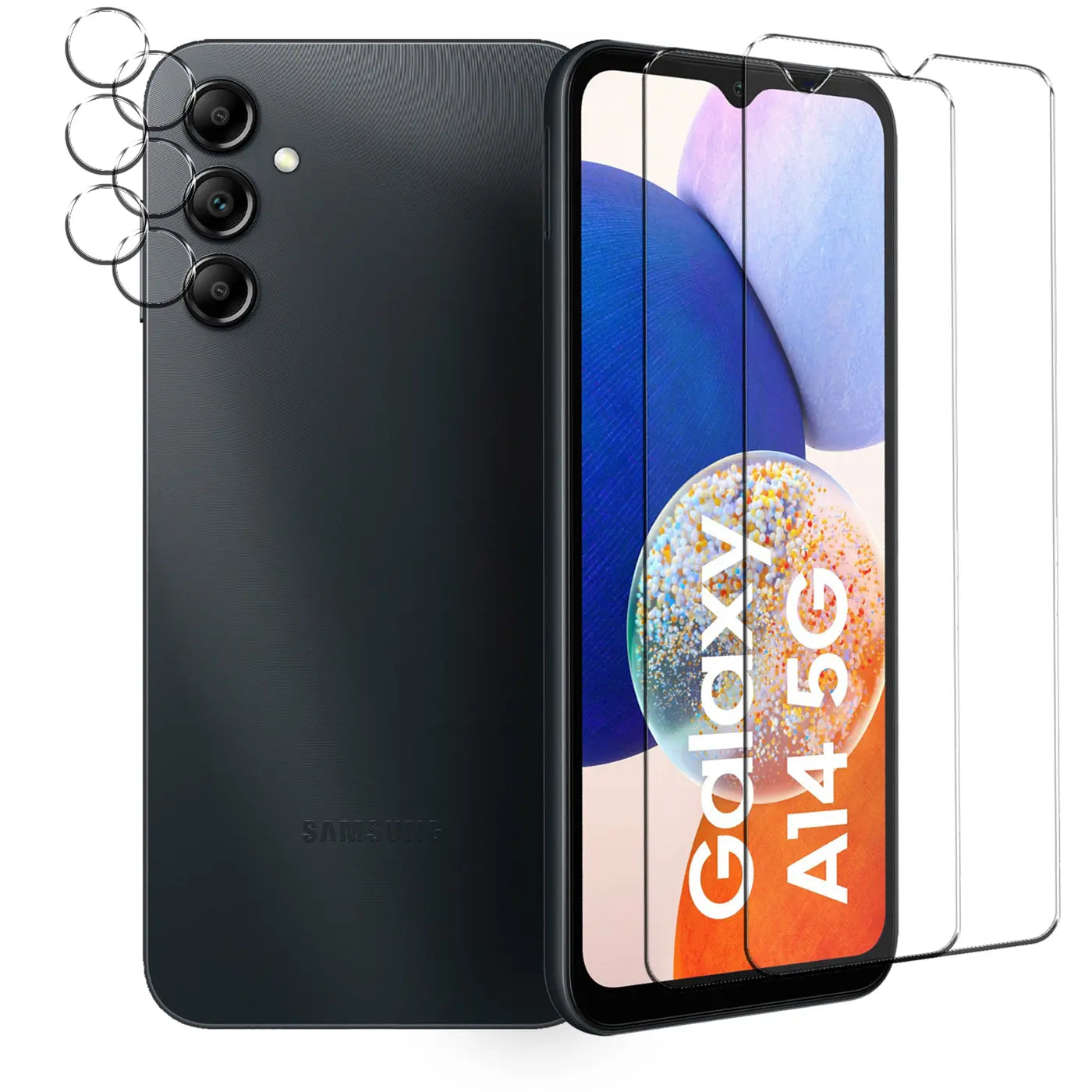 Schwarzes Samsung Galaxy A14 5G von hinten und vorne, daneben 2 Schutzgläser und 3 Kameraschutzringe.