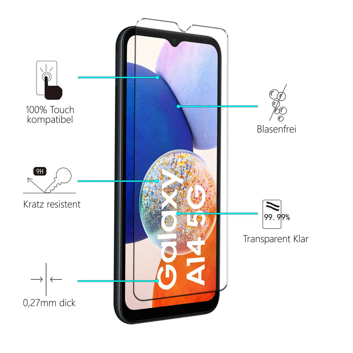 Schutzglas für Samsung Galaxy A14 5G, transparent, Glas, von vorne rechts, auf schwarzem Smartphone.