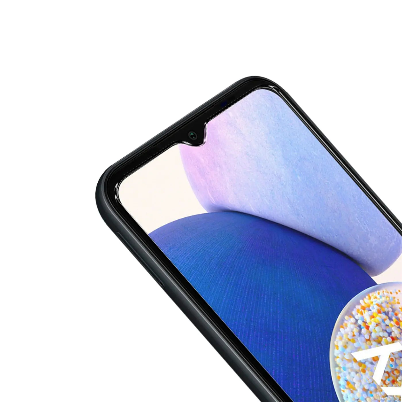 Nahaufnahme eines schwarzen Samsung Galaxy A14 4G/5G von oben rechts mit Schutzglas und bunten Pixeln unten rechts.
