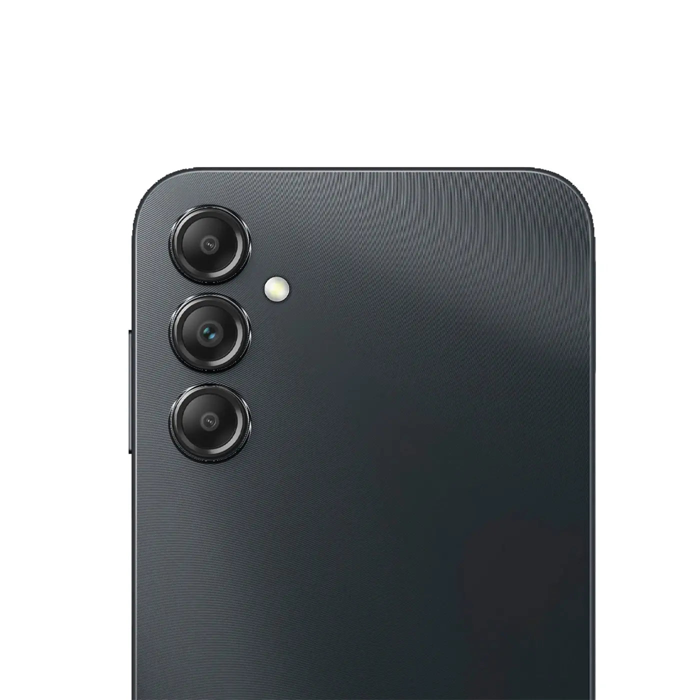 Rückseite eines dunkelgrauen Samsung Galaxy A15 Smartphones mit drei vertikal angeordneten Kameras und Blitz.