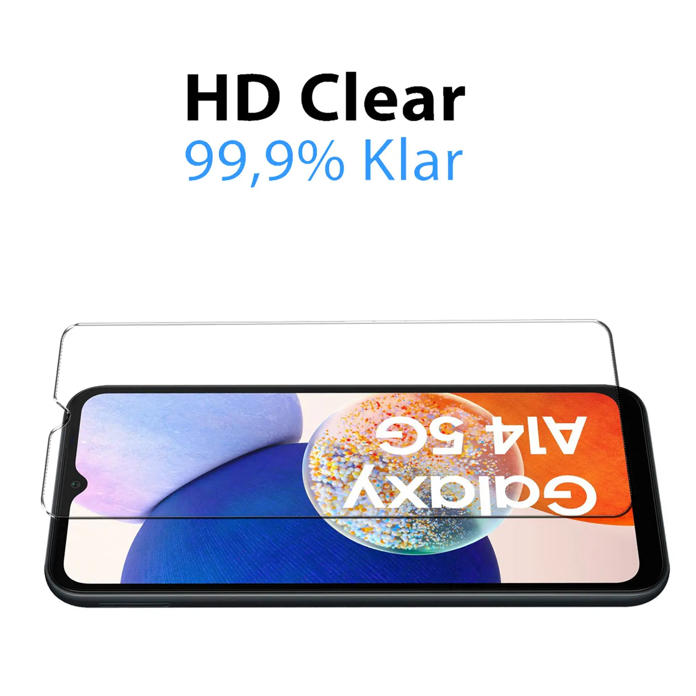 Transparentes Schutzglas für Samsung Galaxy A14 4G/5G, von oben auf schwarzem Smartphone liegend.