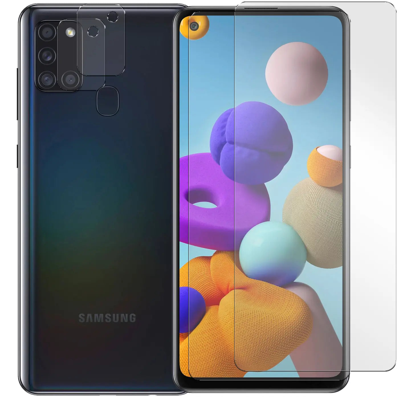 Dunkelblaues Samsung Galaxy A21s von hinten und vorne mit zwei transparenten Schutzgläsern für Display und Kamera.