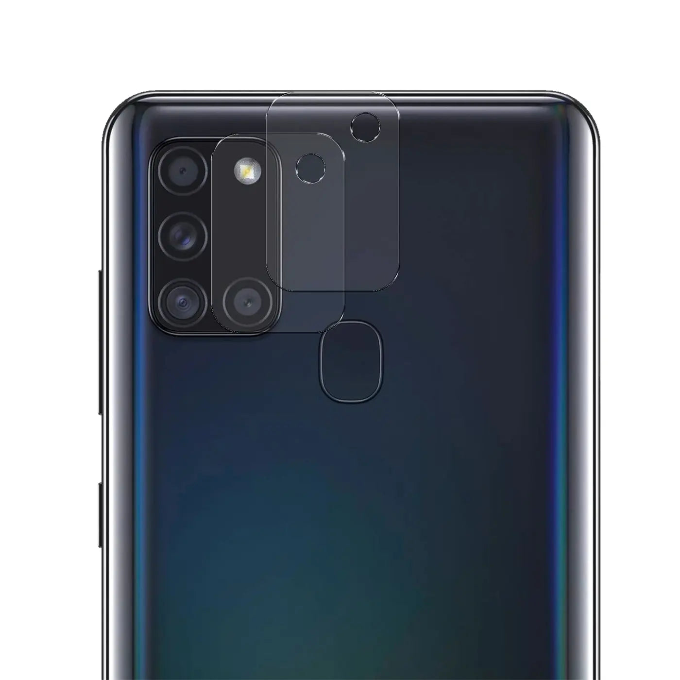 Rückseite eines schwarzen Samsung Galaxy A21s mit transparentem Kameraschutzglas und zwei weiteren Schutzfolien.
