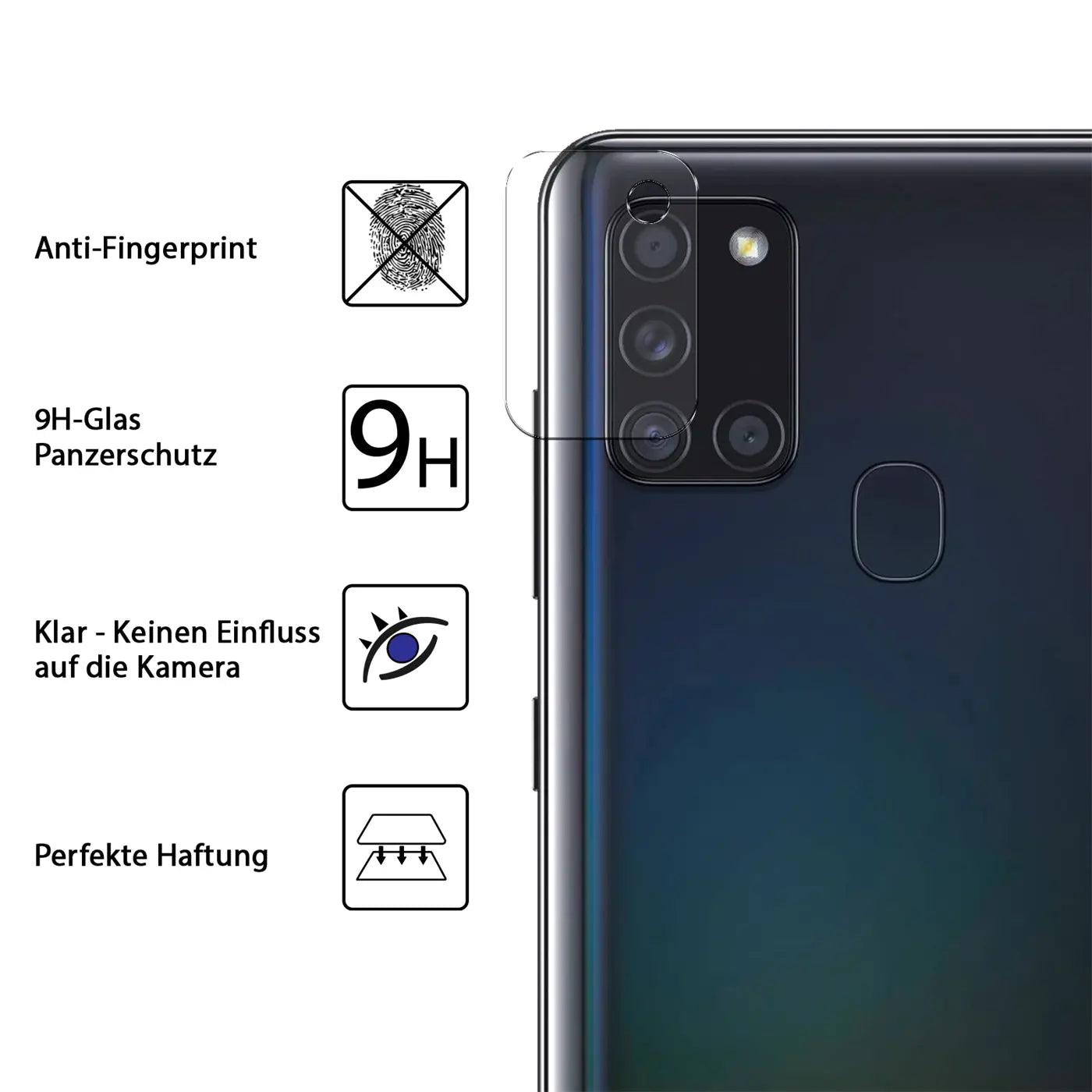 Rückseite eines schwarzen Samsung Galaxy A21s mit transparentem Kameraschutzglas und vier Produktmerkmal-Symbolen.