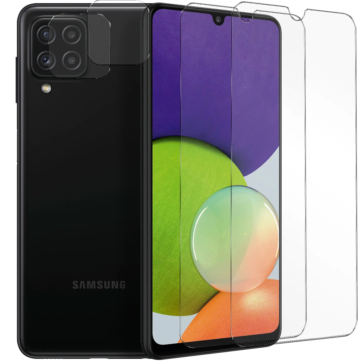 Schwarzes Samsung Galaxy A22 4G von hinten und schräg vorne mit 2 Displayschutzfolien und 2 Kameraschutzfolien.