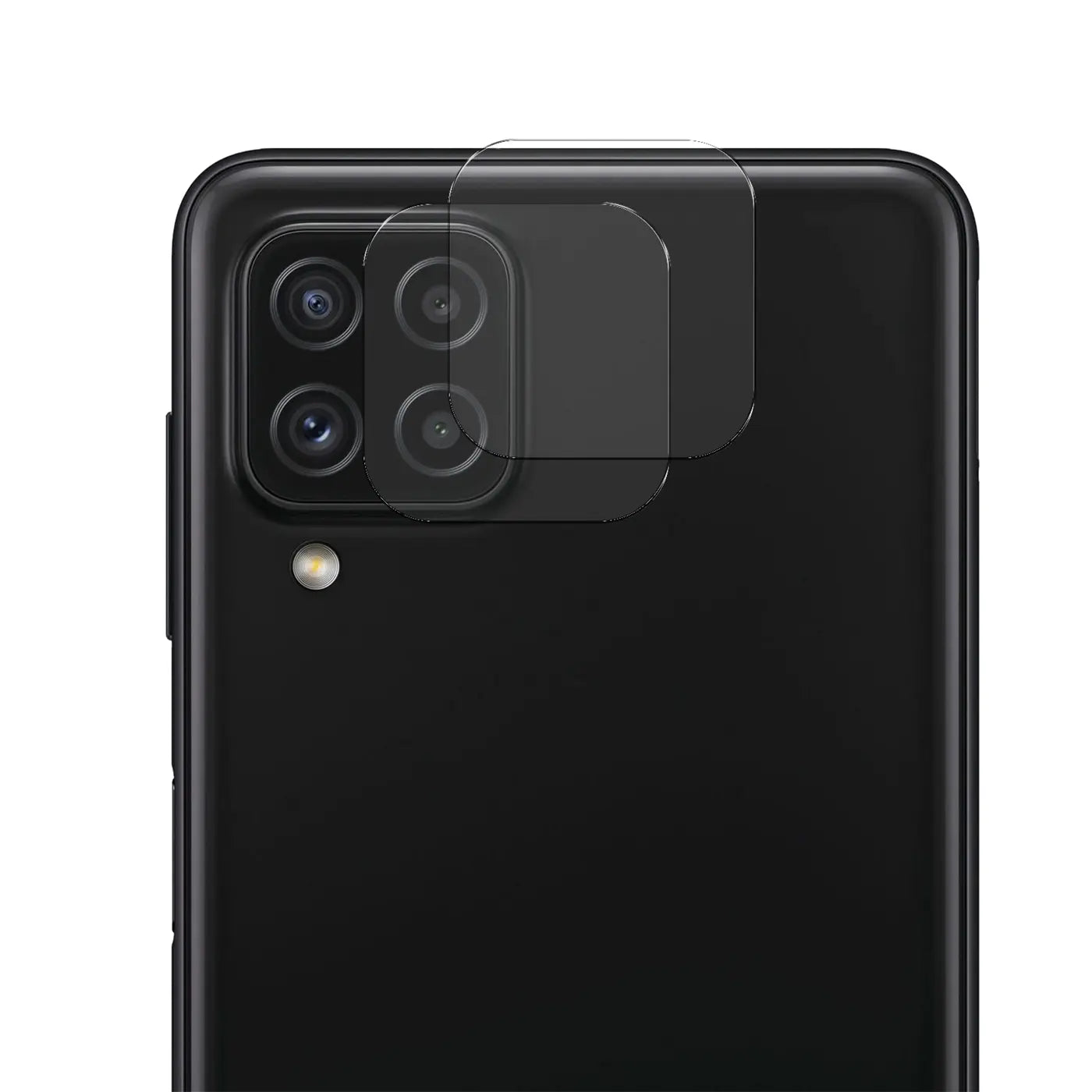 Rückseite eines schwarzen Samsung Galaxy A22 4G von oben links, mit zwei transparenten Schutzgläsern auf der Kamera.