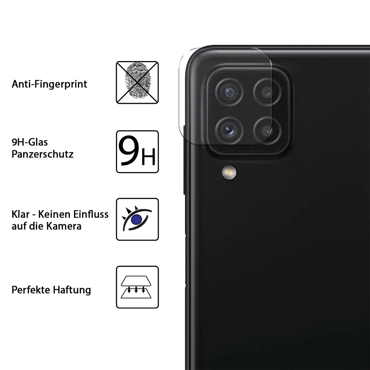 Rückseite eines schwarzen Samsung Galaxy A22 4G mit transparentem Schutzglas auf dem Kamera-Modul.