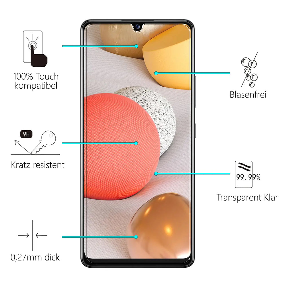 Schwarzes Samsung Galaxy A22 4G/M32/M22 Smartphone frontal mit Schutzglas und Eigenschaften: kratzresistent, 0,27mm dick.