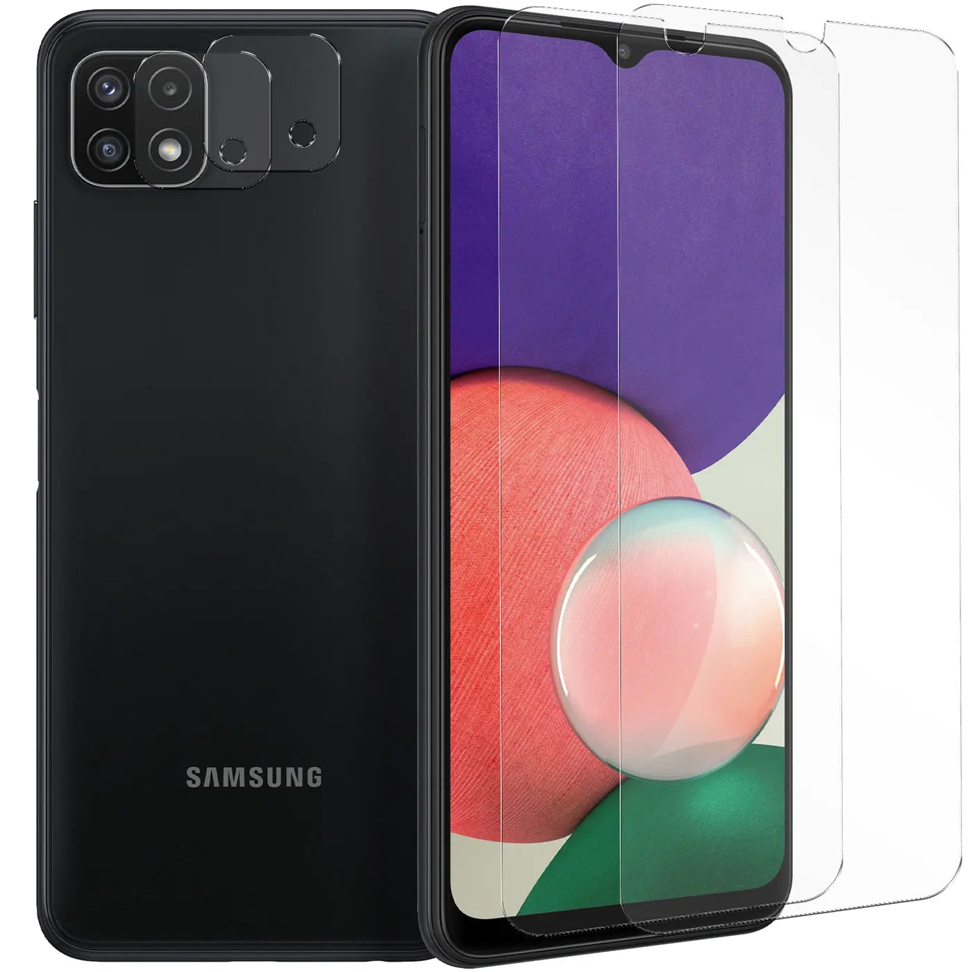 Schwarzes Samsung Galaxy A22 5G von hinten und vorne mit 2 transparenten Schutzgläsern für Display und 2 für Kamera.