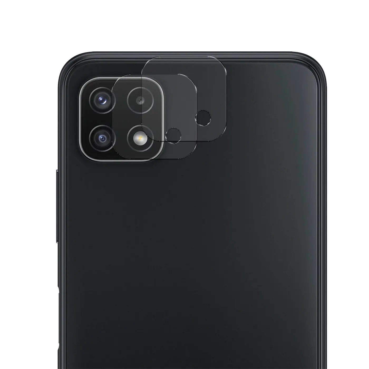 Rückseite eines schwarzen Samsung Galaxy A22 5G mit zwei transparenten, rechteckigen Schutzgläsern auf der Kamera.