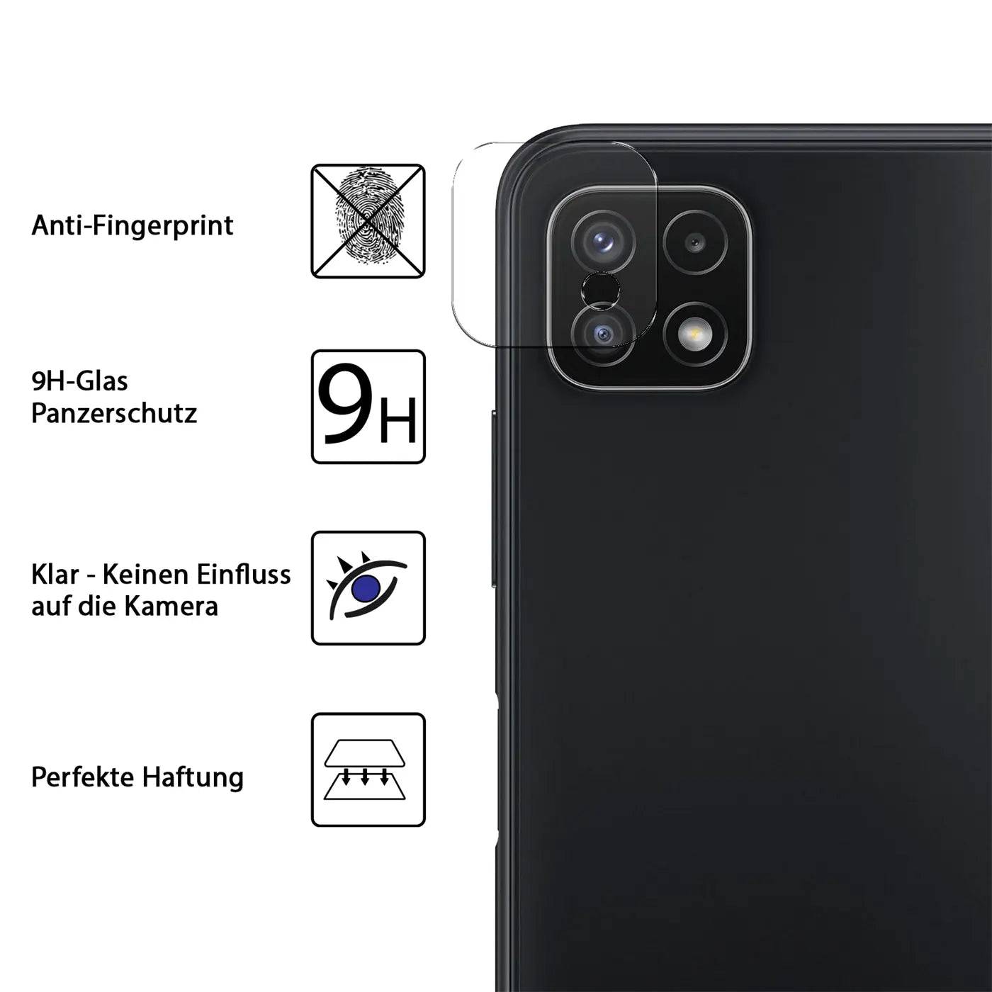 Rückseite eines schwarzen Samsung Galaxy A22 5G mit transparentem Kameraschutzglas, daneben Symbole für Eigenschaften.