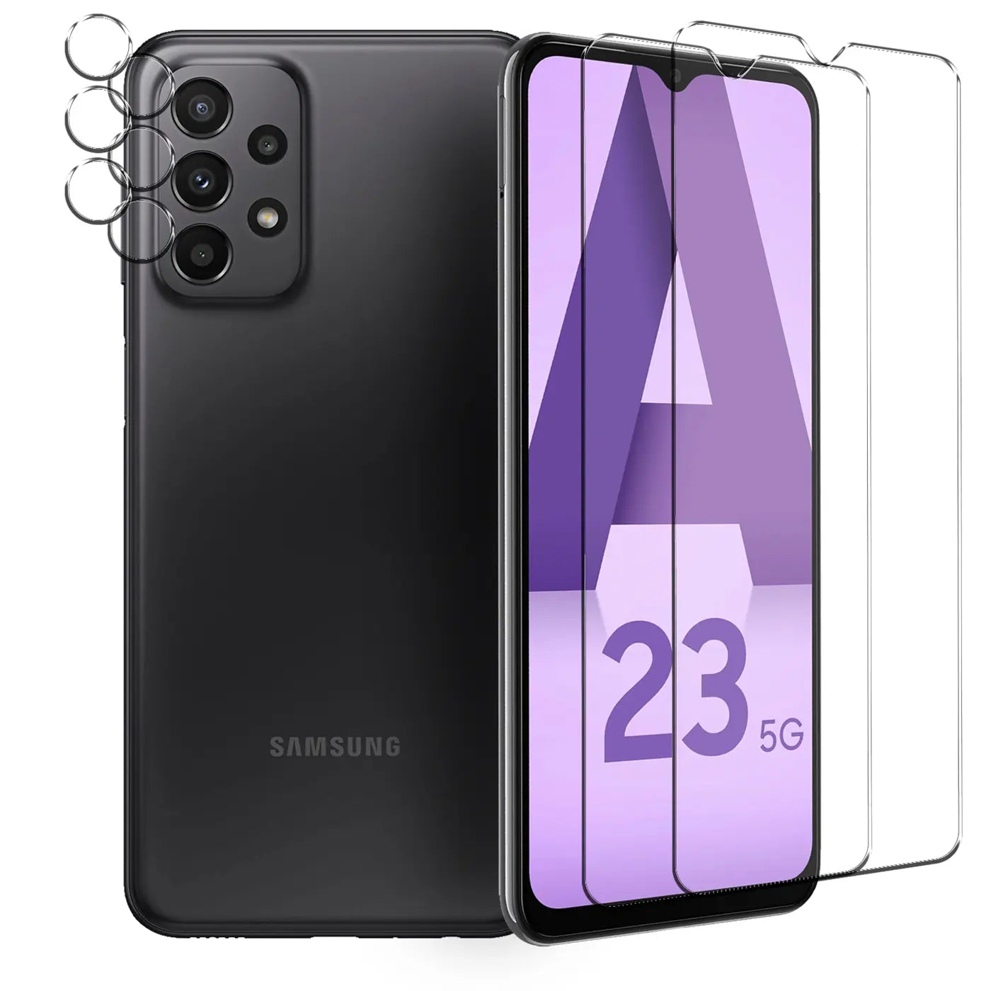 Schwarzes Samsung Galaxy A23 5G von hinten und vorne, mit 3 Schutzgläsern für Display und 3 für Kameras.