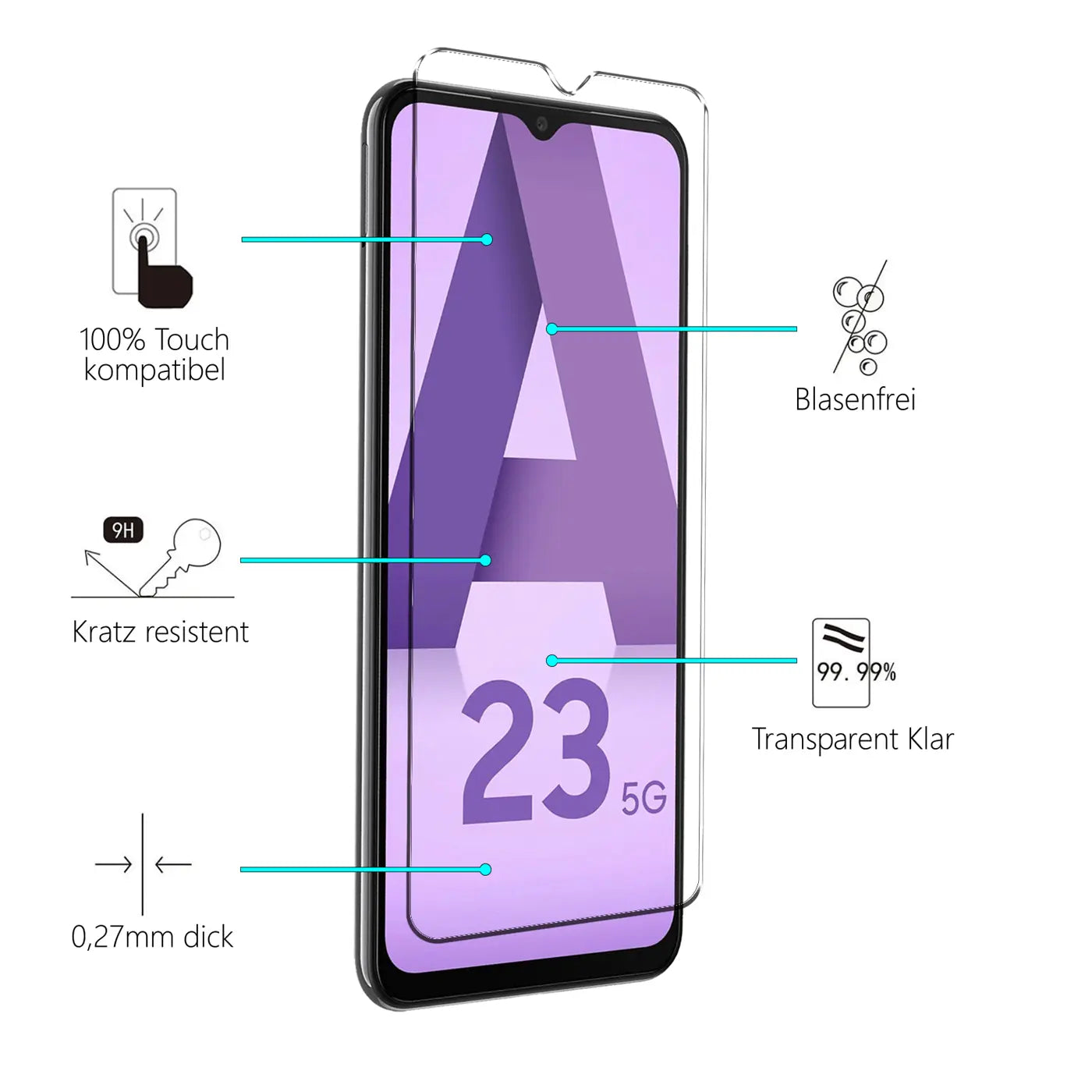 Transparentes Schutzglas für Samsung Galaxy A23 5G, von schräg vorne auf Display gelegt, mit Infografiken.