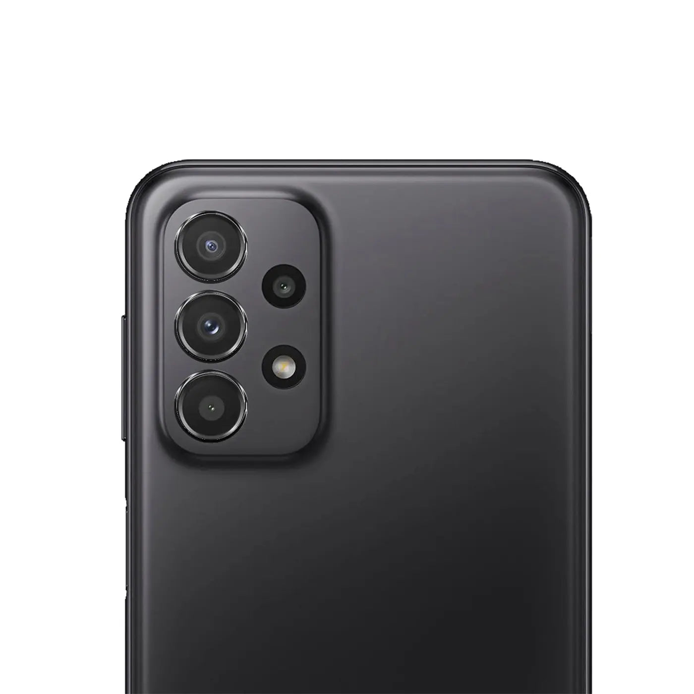 Rückseite eines schwarzen Samsung Galaxy A23 5G Smartphones, schräg von hinten links oben, mit Kamera-Modul.