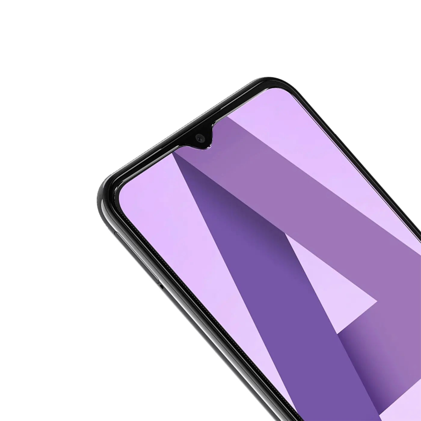 Schutzglas auf Samsung Galaxy A23 5G Display, von oben links schräg. Schwarzer Rahmen, lila Hintergrund.