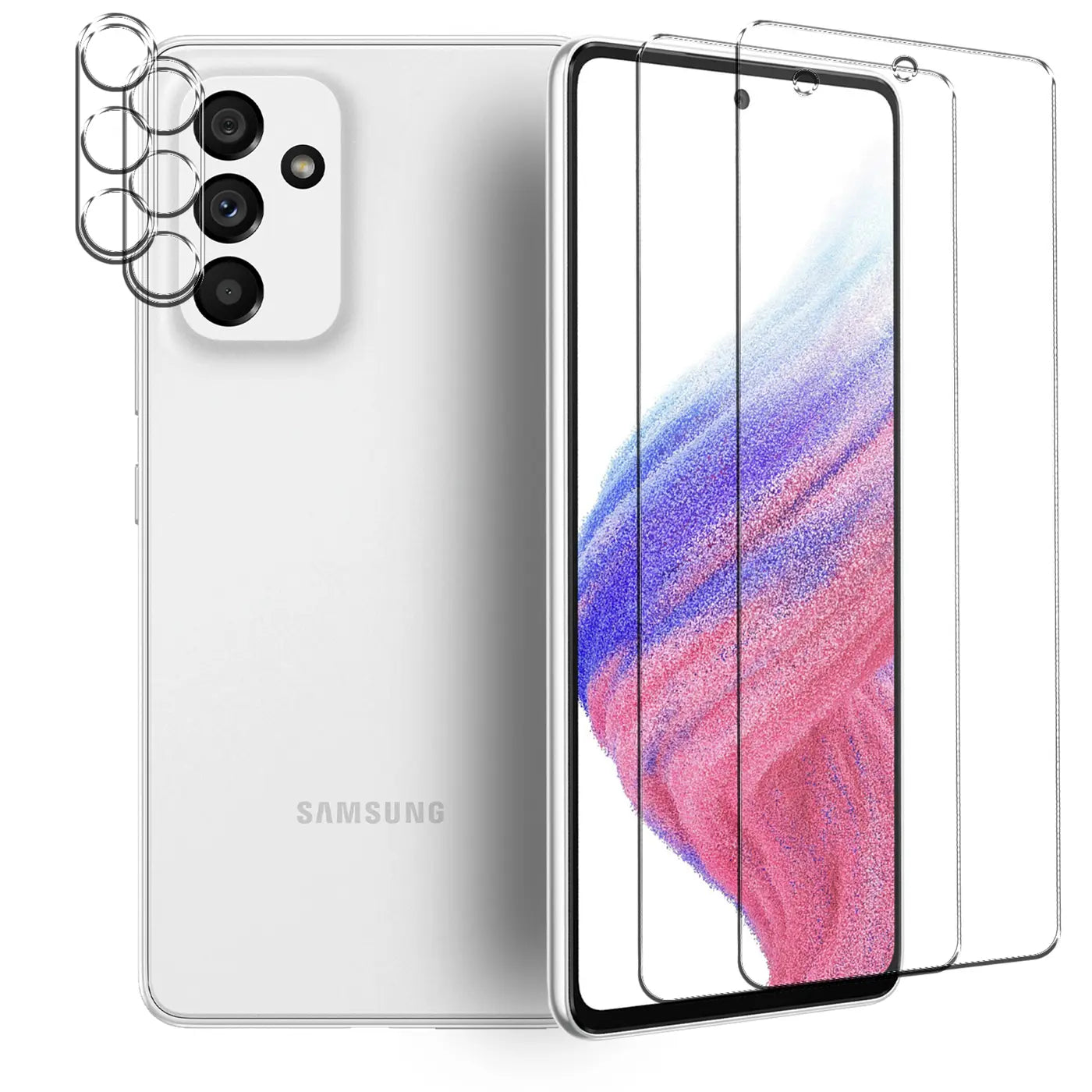 Rückseite eines weißen Samsung Galaxy A25 5G mit 3 Kamera-Schutzgläsern und 2 Displayschutzgläsern von vorne.