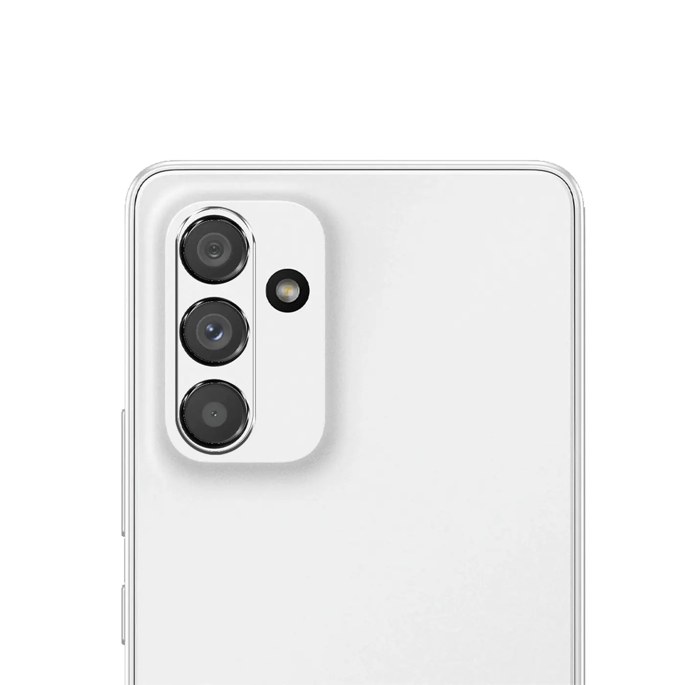 Rückseite eines weißen Samsung Galaxy A25 5G, schräg von hinten oben. Die drei Kameras sind mit Schutzglas bedeckt.