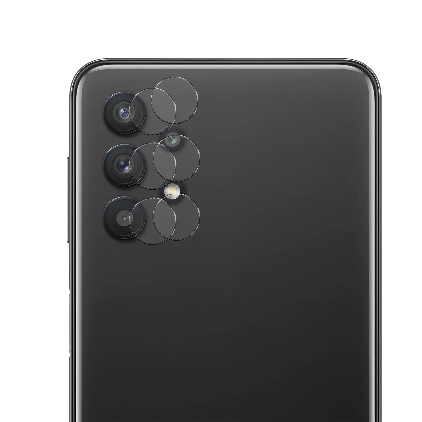 Rückseite eines schwarzen Samsung Galaxy A32 5G mit 4 runden, transparenten Schutzgläsern auf den Kameras und dem Blitz.
