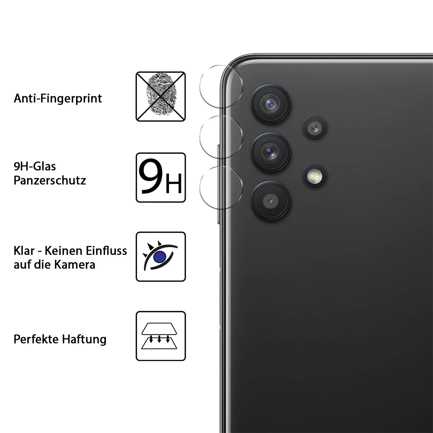 Rückseite eines schwarzen Samsung Galaxy A32 5G mit drei runden, transparenten Schutzgläsern auf den Kameras.