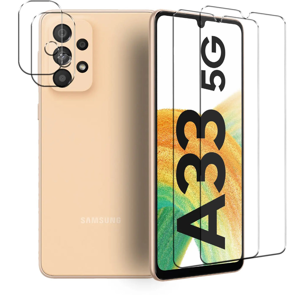 Goldenes Samsung Galaxy A33 5G von hinten und vorne, daneben 2 Schutzgläser für Display und 2 für Kamera.