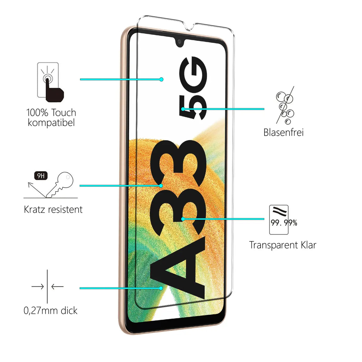 4in1 9H Displayschutz-Set für Samsung Galaxy A33 5G, 2x Displayglas und 2x Kameraglas