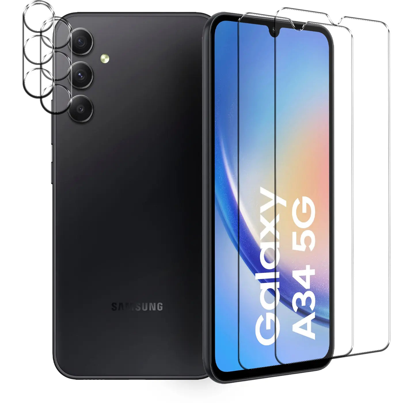 Schwarzes Samsung Galaxy A34 5G von hinten und vorne mit 2 Schutzgläsern und 3 Kameraschutzgläsern.