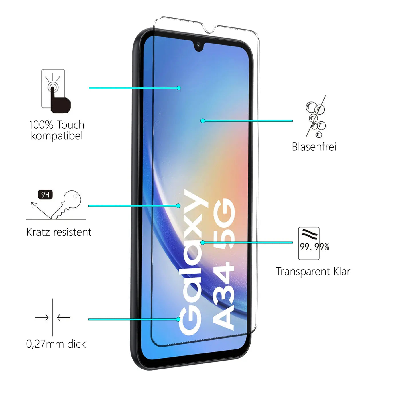 Transparentes Schutzglas für Samsung Galaxy A34 5G, von vorne rechts auf schwarzem Smartphone liegend.