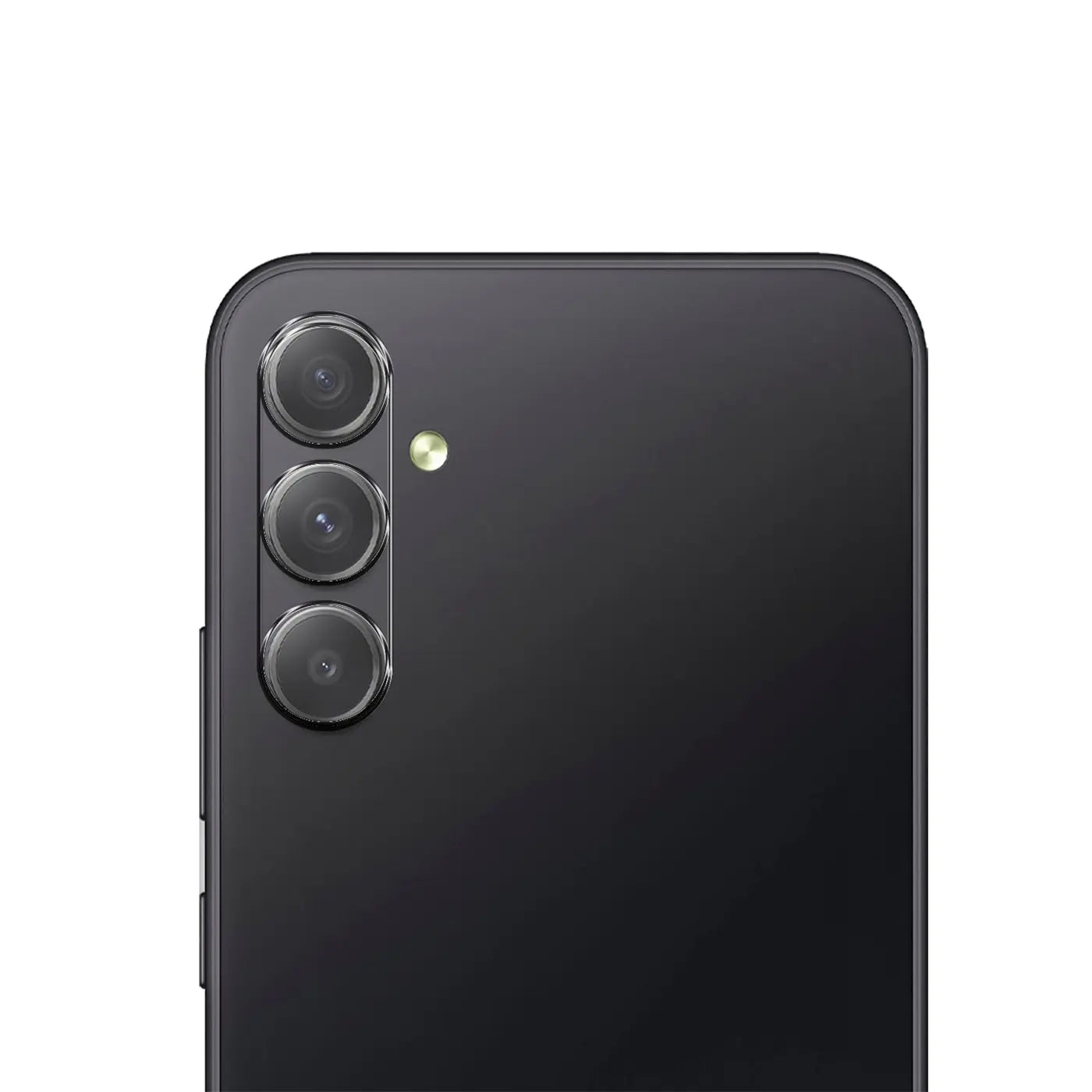 Rückseite eines schwarzen Samsung Galaxy A35 5G mit drei vertikal angeordneten Kameras und Blitz, schräg von hinten.