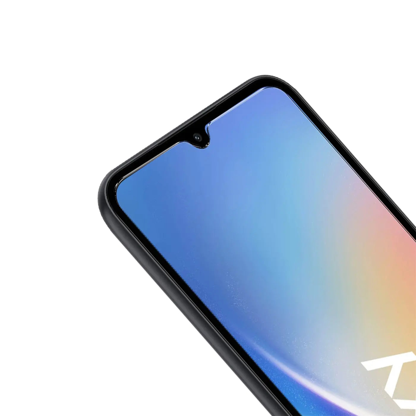 Nahaufnahme eines Samsung Galaxy A35 5G mit schwarzem Rahmen und Schutzglas, schräg von oben.