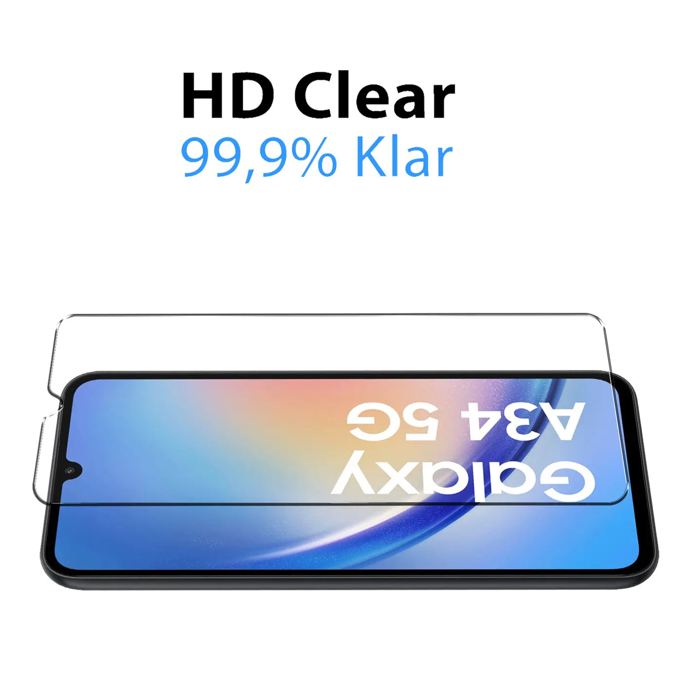 Klares Schutzglas für Samsung Galaxy A34 5G, von oben auf schwarzem Smartphone liegend, leicht schräg.