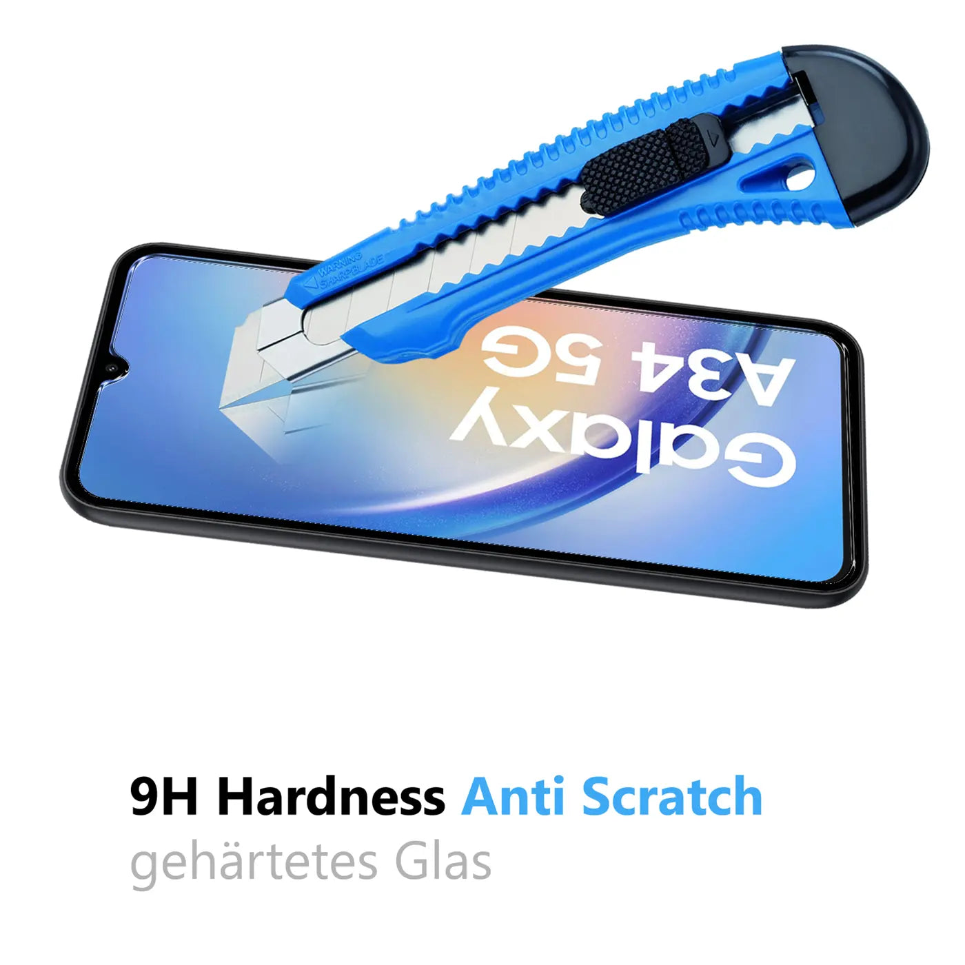 Blaues Cuttermesser mit Metallklinge auf einem Samsung Galaxy A34 5G Display mit Schutzglas, von oben.