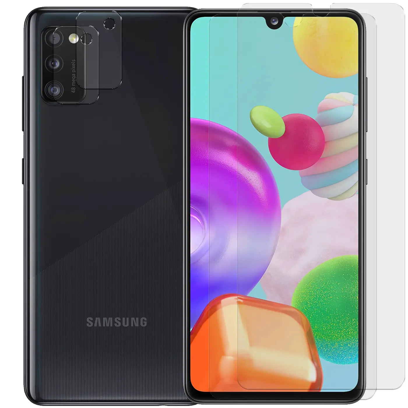 Schwarzes Samsung Galaxy A41 Handy von hinten und vorne, mit 2 transparenten Schutzgläsern für Display und Kamera.