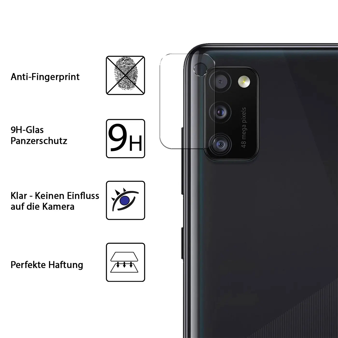 Klares Schutzglas für die Kamera des schwarzen Samsung Galaxy A41, von hinten rechts oben gesehen.