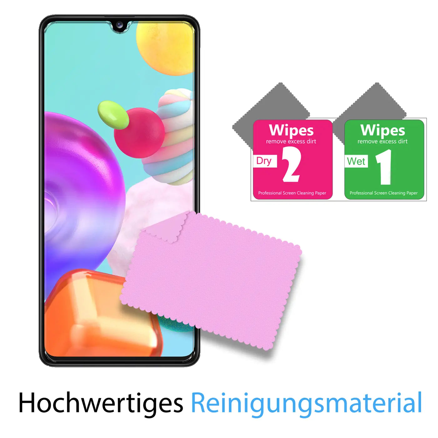 Samsung Galaxy A41 mit Schutzglas, davor ein pinkes Mikrofasertuch, rechts zwei Reinigungstücher (Wet/Dry).