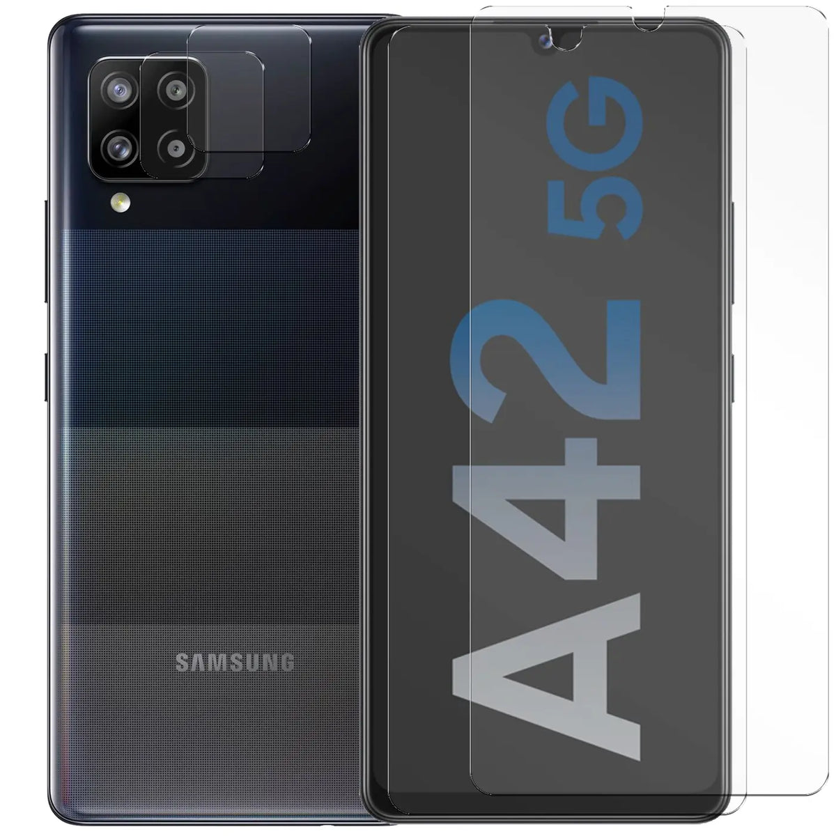 4in1 9H Displayschutz-Set für Samsung Galaxy A42 5G, 2x Displayglas und 2x Kameraglas