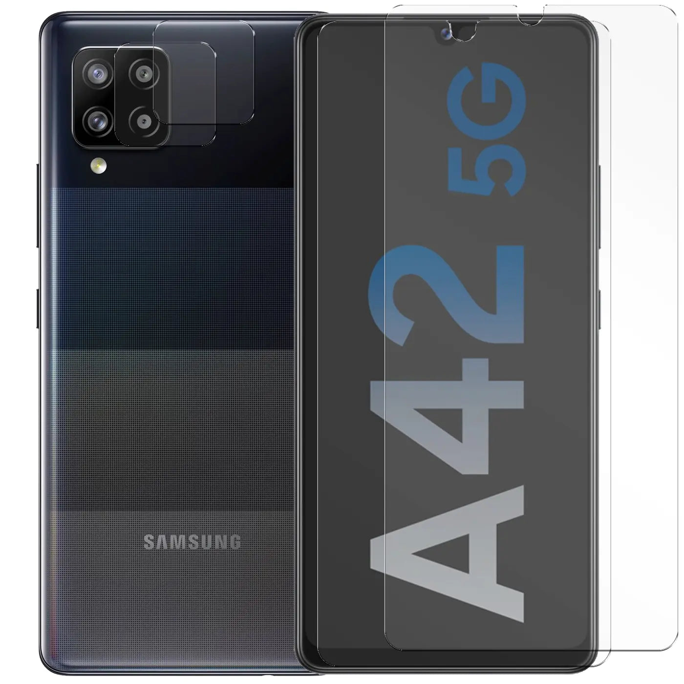 Schutzglas-Set für Samsung Galaxy A42 5G: 2 Displayschutzfolien und 2 Kameraschutzfolien auf schwarzem Handy.