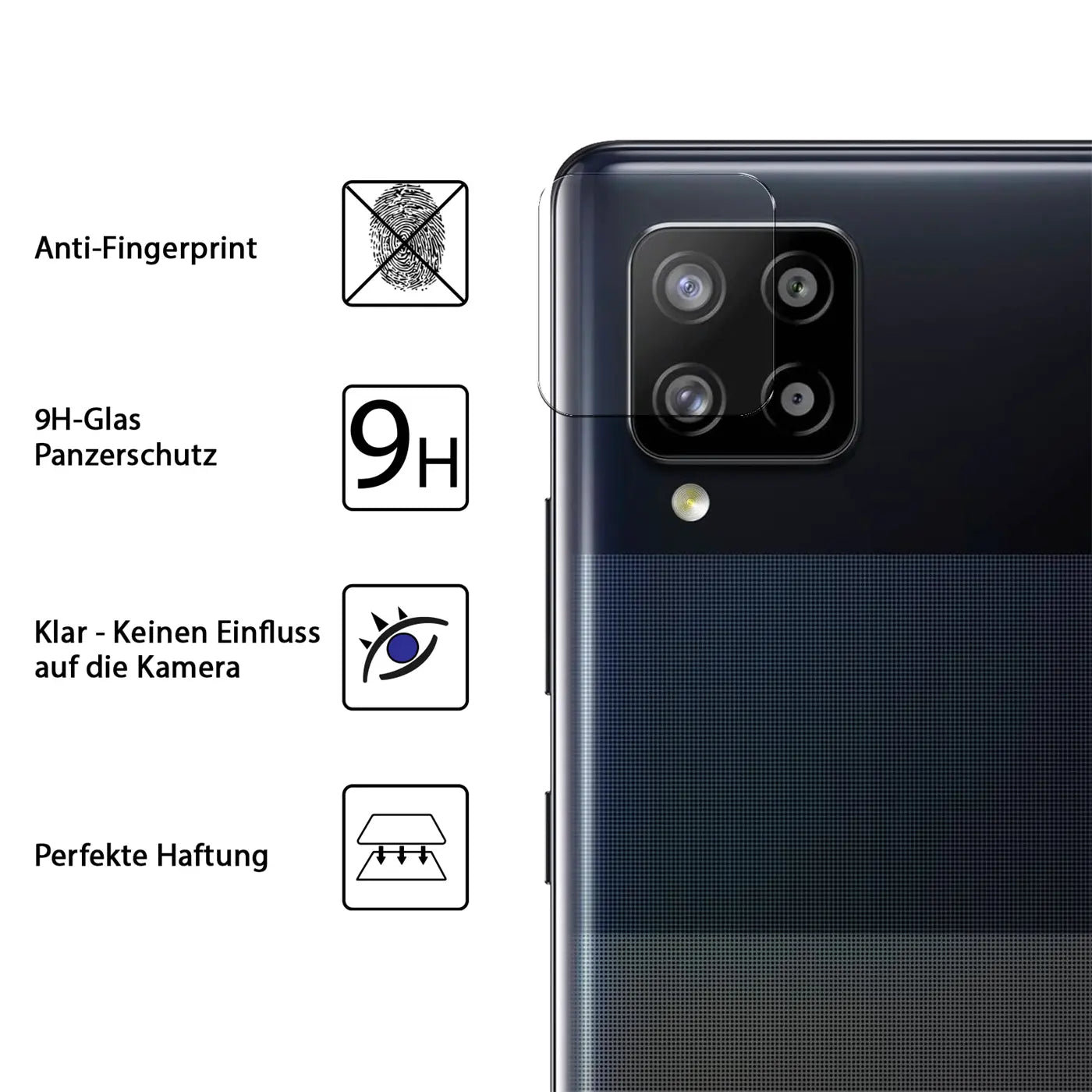 Rückseite eines schwarzen Samsung Galaxy A42 5G mit transparentem Kameraschutzglas und vier Produktmerkmal-Symbolen.