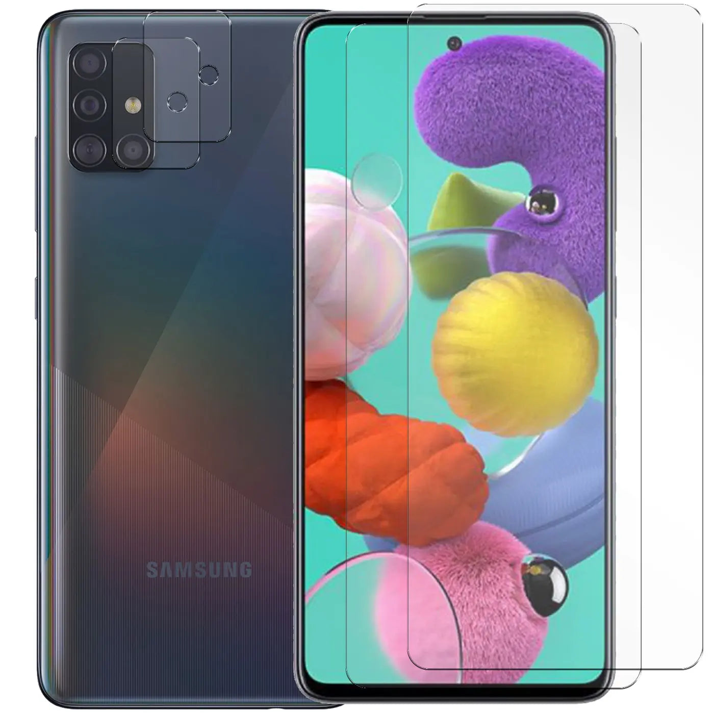 Samsung Galaxy A51 in Schwarz, Rückseite und Display sichtbar, mit 2 transparenten Schutzgläsern für Display und 2 für.