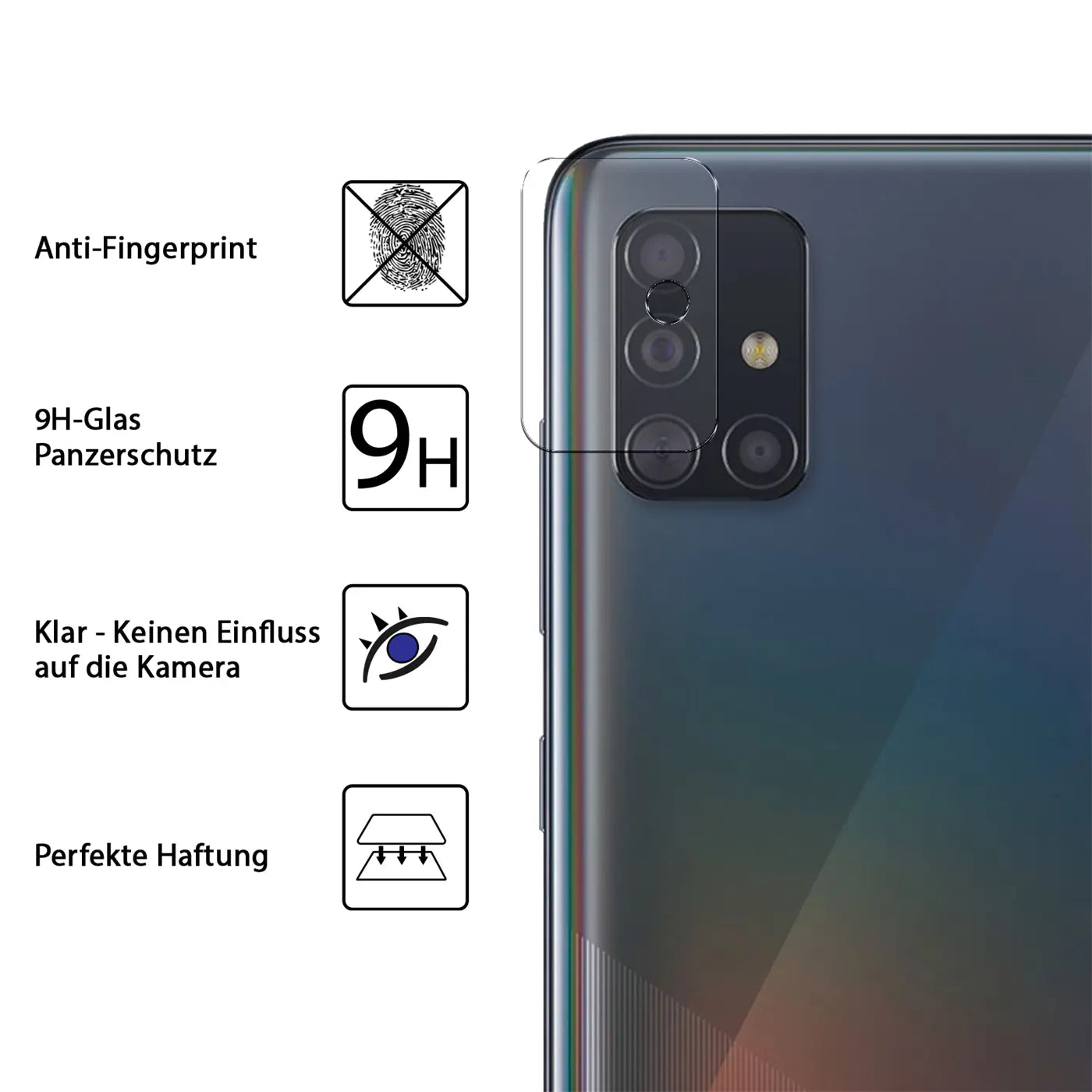 Rückseite eines schwarzen Samsung Galaxy A51 mit aufgelegtem, transparentem Kameraschutzglas. Links Symbole und Text.