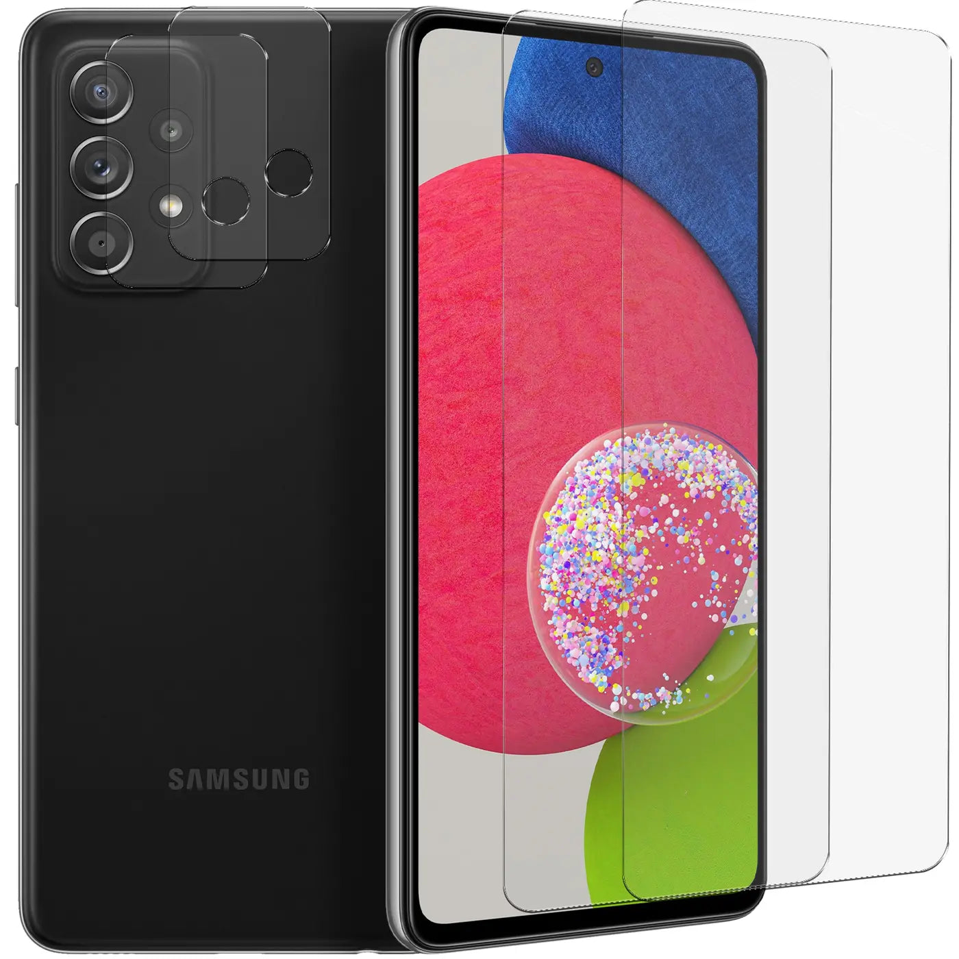 Schwarzes Samsung Galaxy A52/A52S von hinten links, mit 2 transparenten Schutzgläsern für Display und 2 für Kamera.