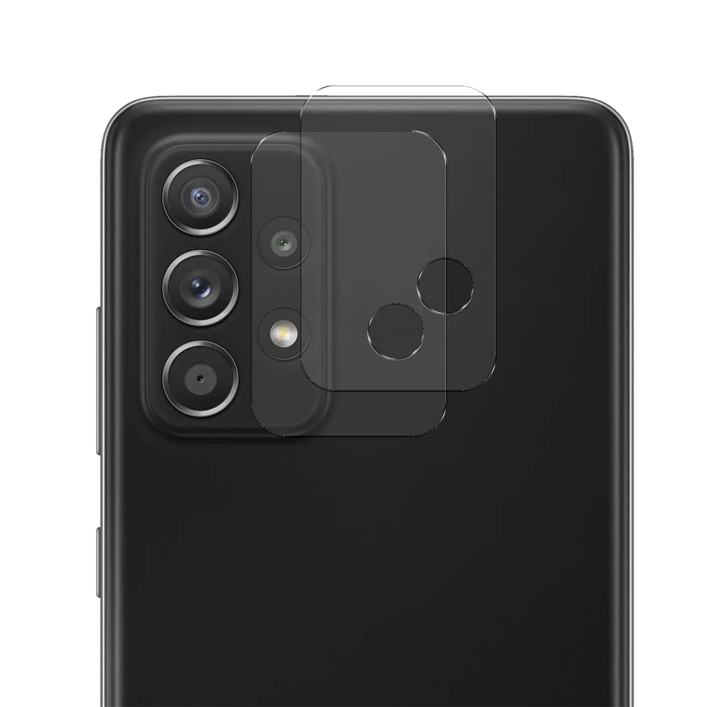 Rückseite eines schwarzen Samsung Galaxy A52/A52S mit zwei transparenten Schutzgläsern für die Kamera, schräg von oben.