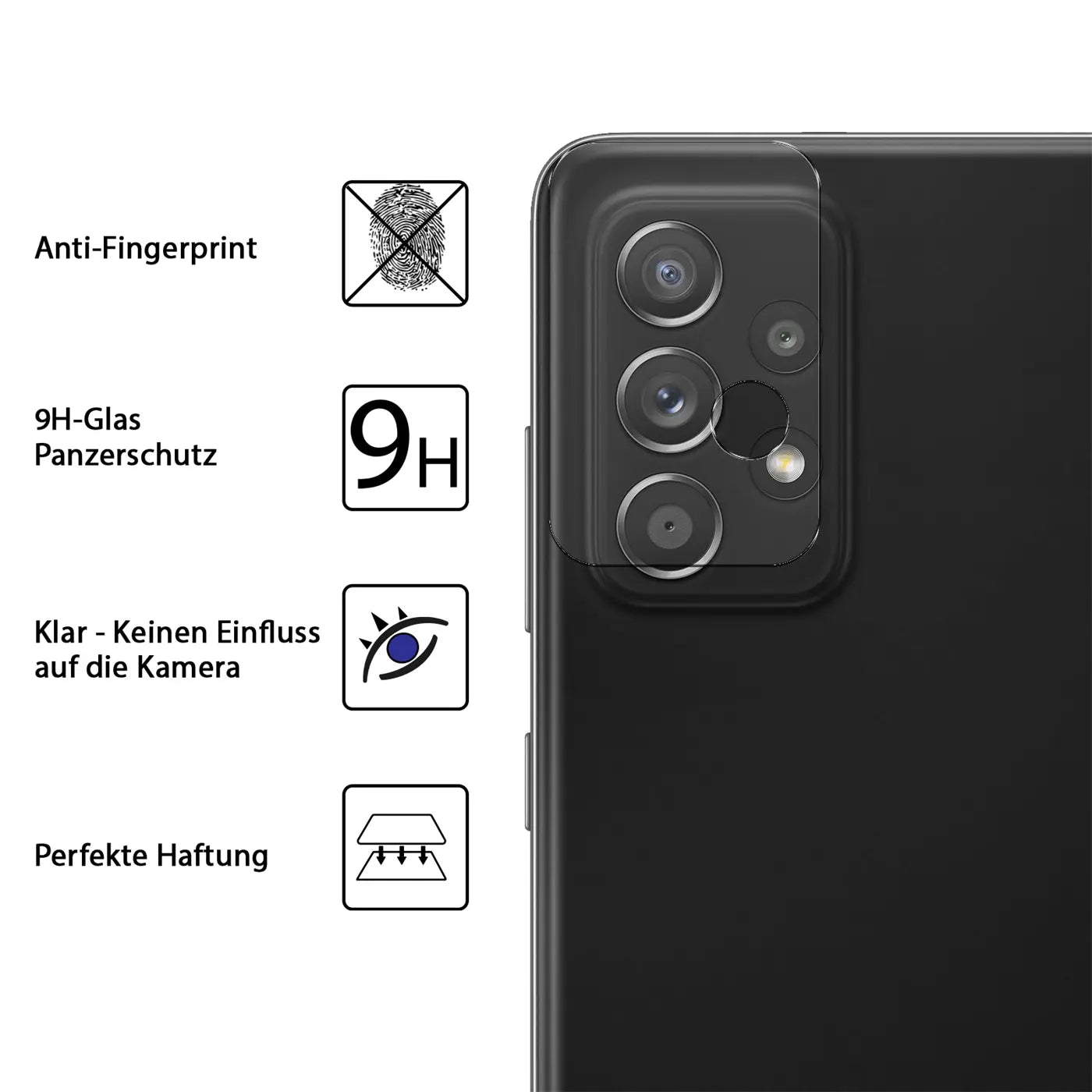 Schwarzes Samsung Galaxy A52/A52S mit transparentem Schutzglas auf der Kamera, von hinten rechts oben.