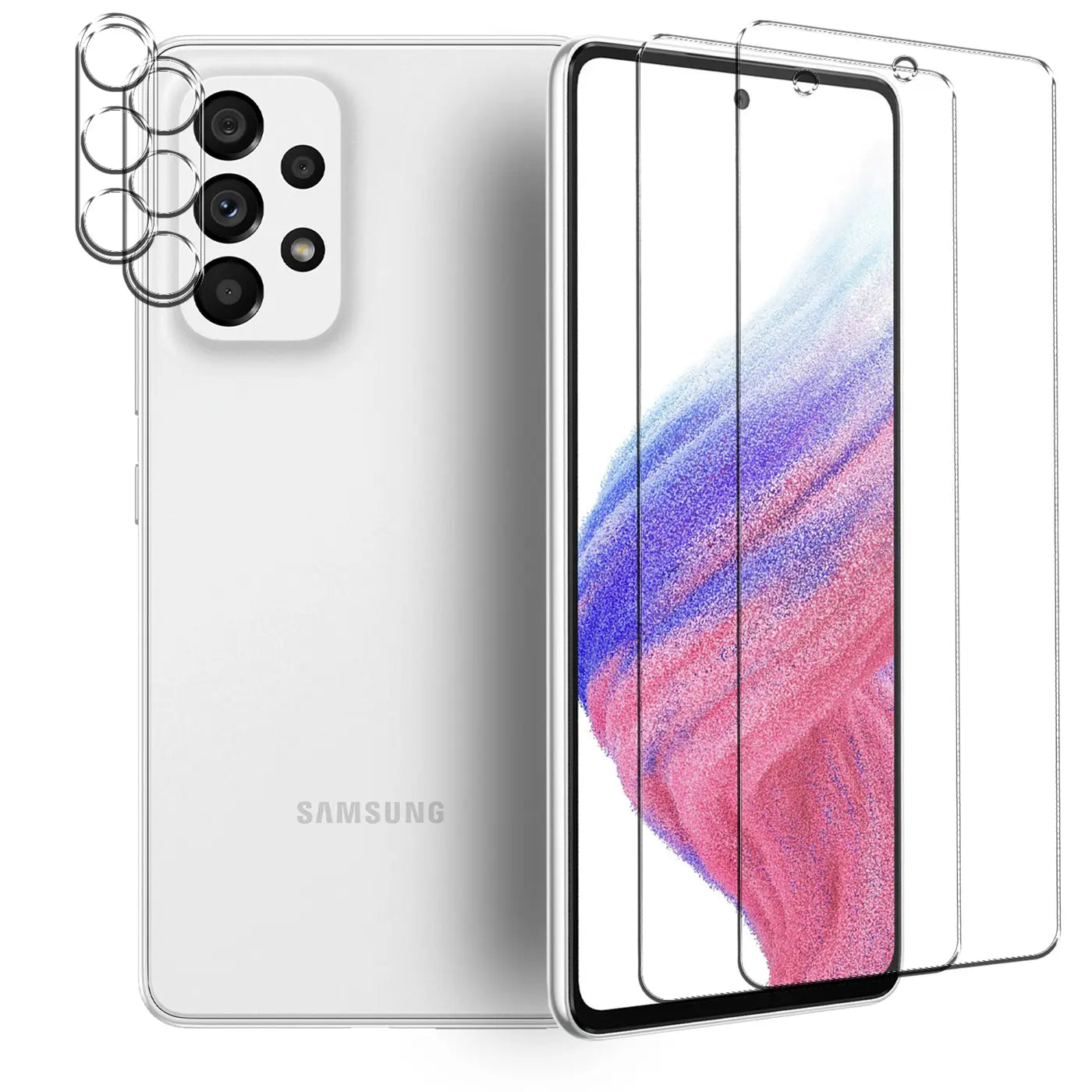 Weißes Samsung Galaxy A53 5G von hinten links, daneben 2 transparente Schutzgläser für Display und 4 für Kameras.